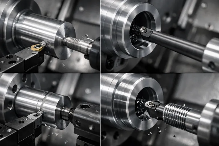 عملیات رایج تراشکاری CNC مثل روتراشی، داخل تراشی، شیار و رزوه