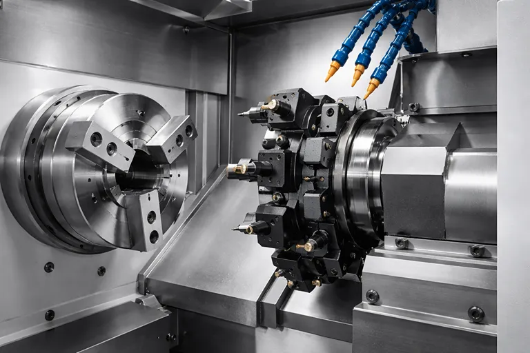 اجزای دستگاه تراش CNC شامل سه نظام، برجک ابزار و کولانت