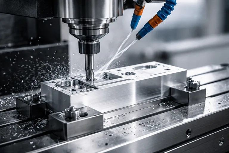فرز CNC سه محور در حال ماشینکاری قطعه ساده با حرکت خطی