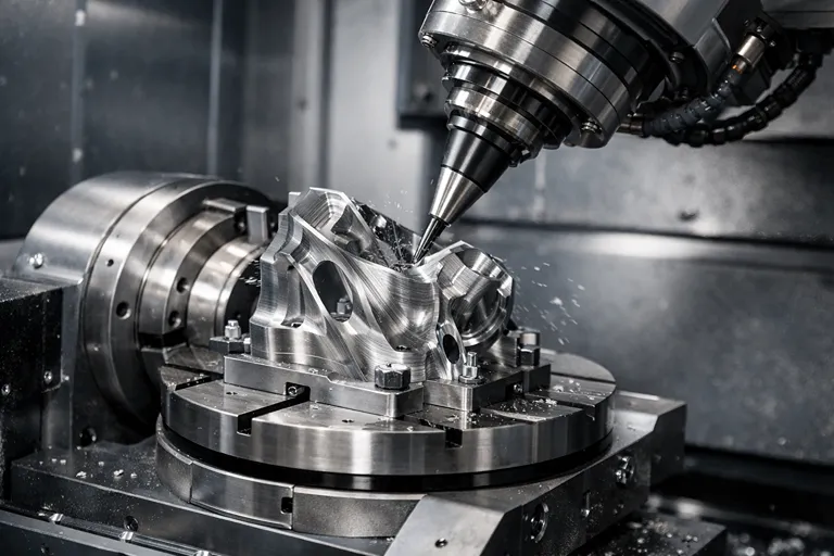دستگاه فرز CNC پنج محور در حال ماشینکاری قطعه سه بعدی پیچیده